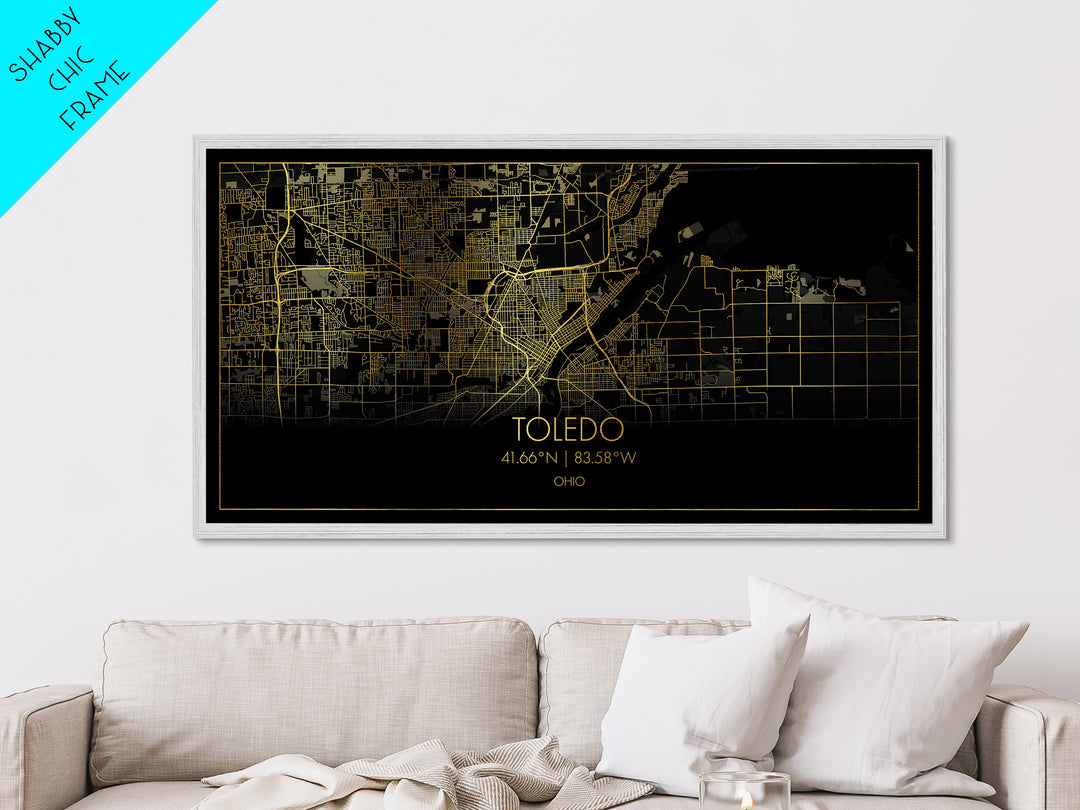 Toledo Ohio City Poster, Metallic Gold Art, Metal Art, real wood frames, black and gold, Street Map Wall Art, Real Wood Frames