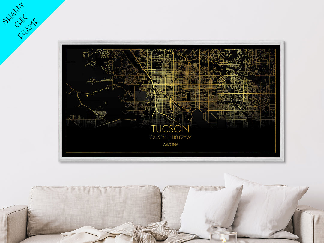 Tucson Arizona City street map, Metallic Gold Print, Metal Art, wood framed map, black and gold, Street Map Art, Housewarming Gift