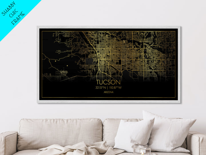 Tucson Arizona City street map, Metallic Gold Print, Metal Art, wood framed map, black and gold, Street Map Art, Housewarming Gift
