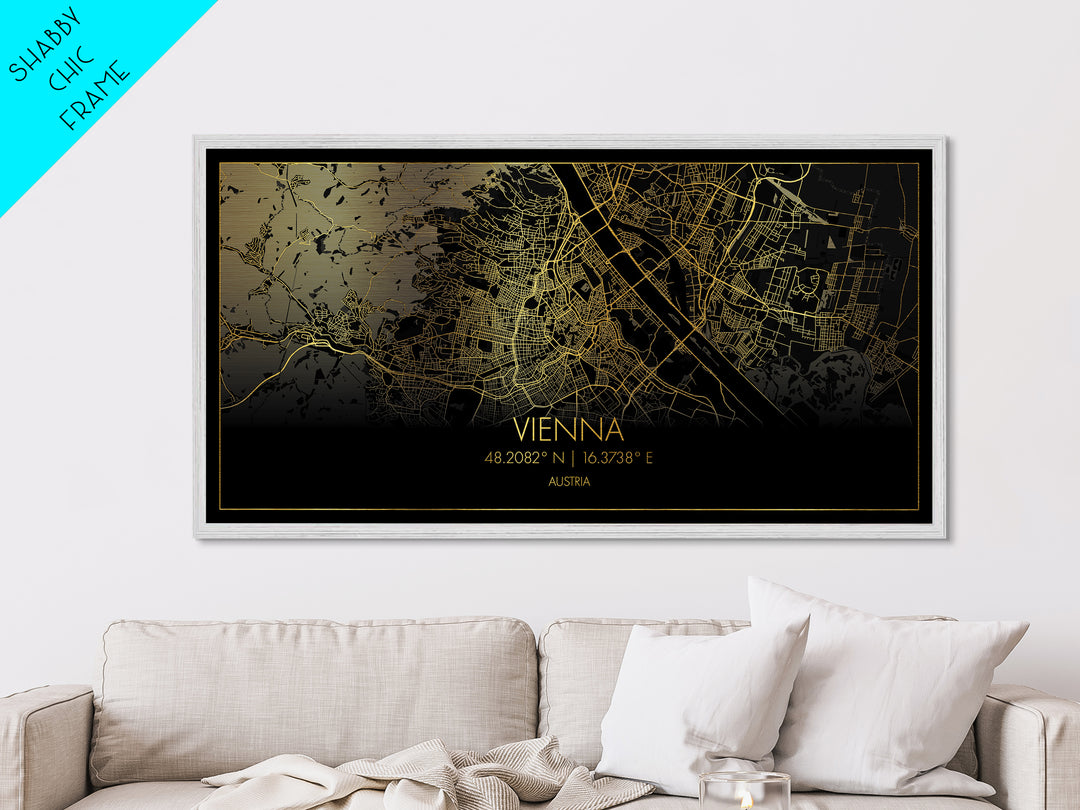 Vienna Austria City street map, Metallic Gold Print, Metal Art, wood framed map, black and gold, Street Map Art, Map Print Poster