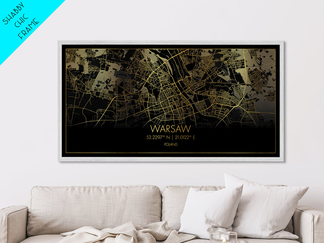 Warsaw Poland City street map, Metallic Gold Print, Metal Art, wood framed map, black and gold, Street Map Art, Real Wood Frames