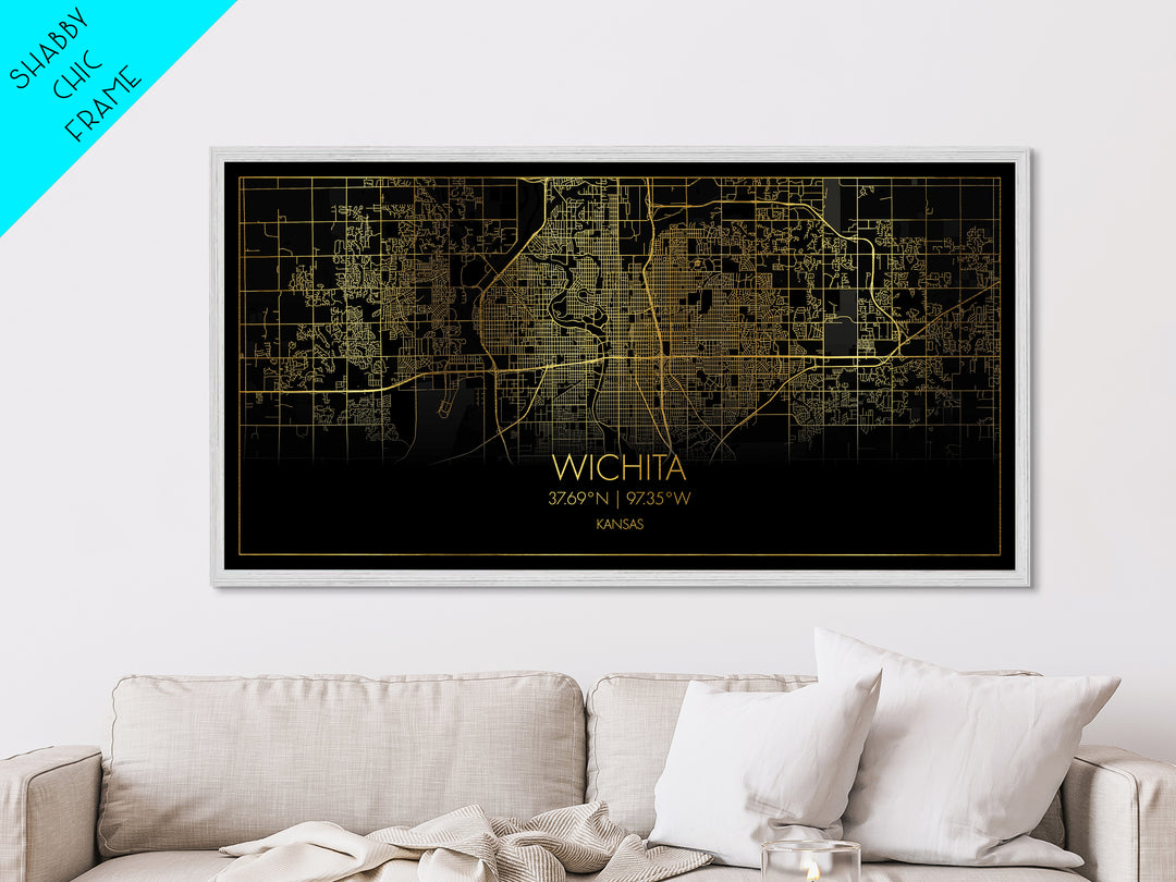 Wichita Kansas City street map, Metallic Gold Print, Metal Art, wood framed map, black and gold, Street Map Art, Minimalist Wall Art