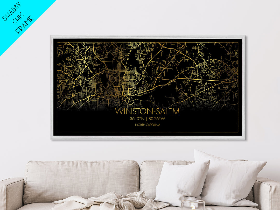 Winston Salem North Carolina City Poster, Metallic Gold Art, Metal Art, real wood frames, black and gold, Street Map Wall Art, Housewarming Gift