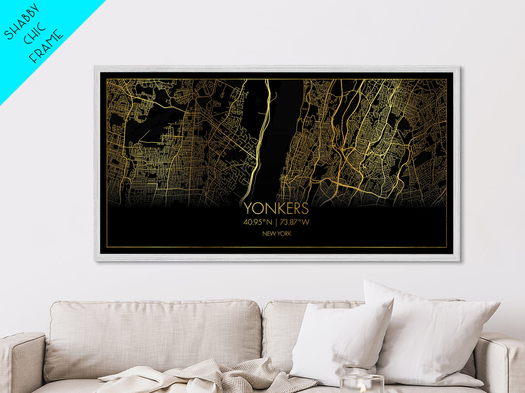 Yonkers New York City Poster, Metallic Gold Art, Metal Art, real wood frames, black and gold, Street Map Wall Art, Real Wood Frames