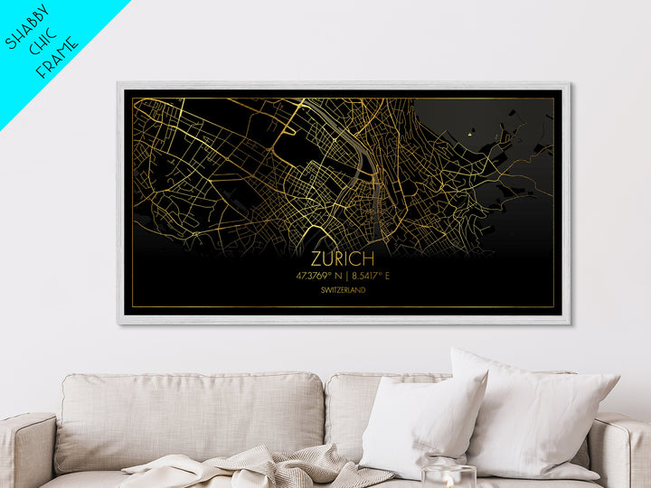 Zurich Switzerland City street map, Metallic Gold Print, Metal Art, wood framed map, black and gold, Street Map Art, Best Friend Gifts