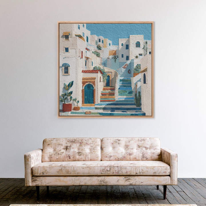 Greek Island White Buildings Above Blue Sea Framed Canvas Print, Mediterranean Art, Beach Wall Art, Living Room Decor, Azure, MAR-1x1-1