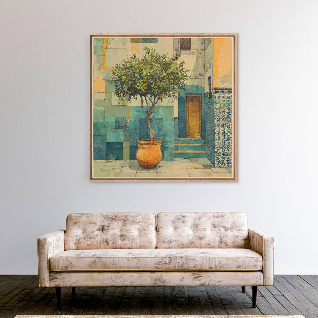Citrus Tree in Clay Pot Canvas Print, Mediterranean Art, Coastal Wall Art, Living Room Decor, Fine Art, Azure, Living Room Art, MAR-1x1-10