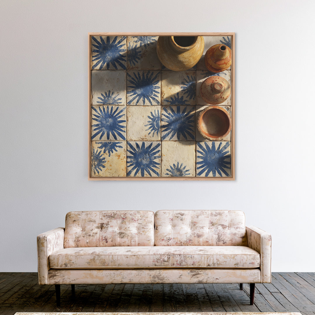 Blue and White Tile Pattern Framed Canvas Print, Mediterranean Art, Travel Poster, Living Room Decor, Watercolor Art, Azure, MAR-1x1-100