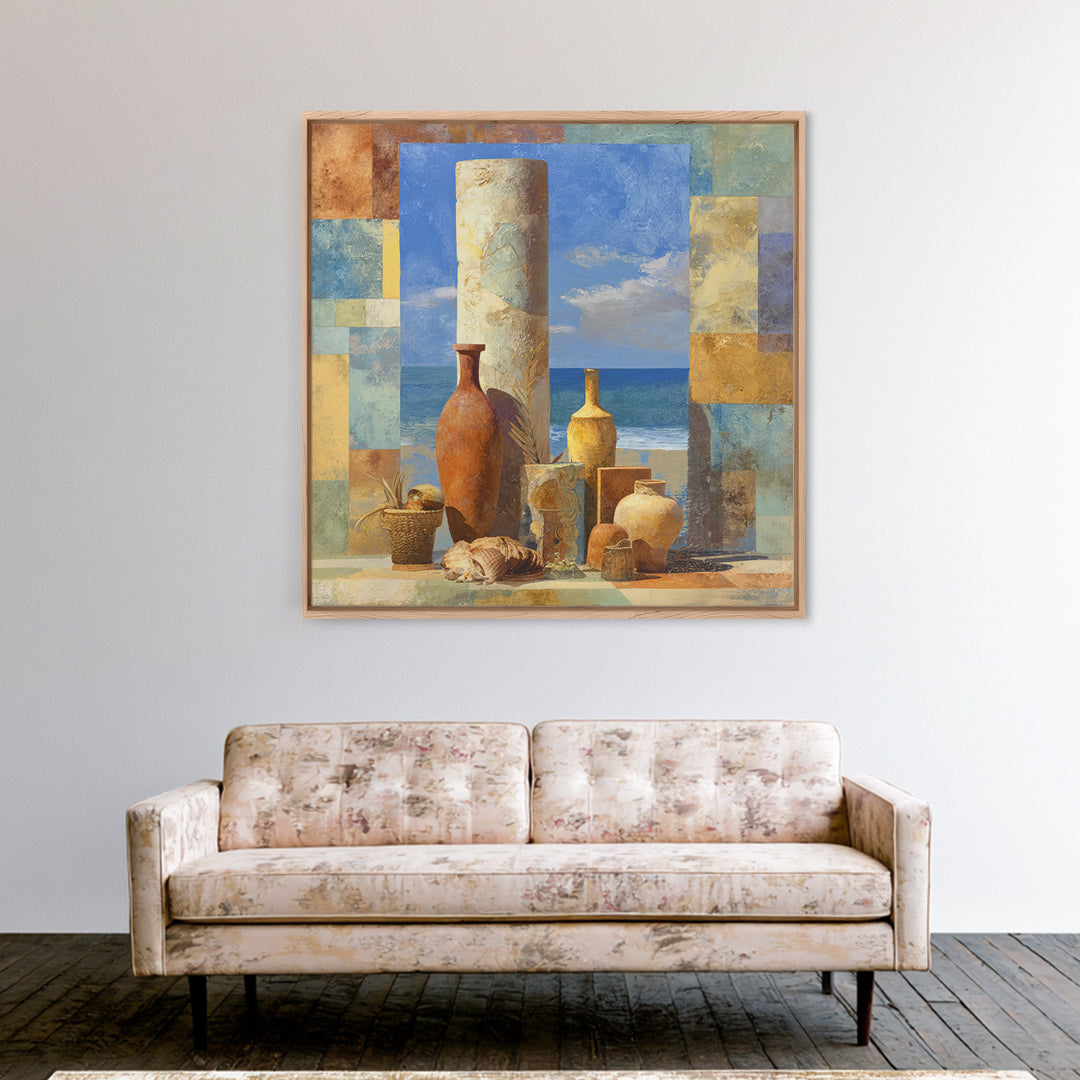 Ancient Column with Sea and Sky Beyond Framed Canvas Print, Mediterranean Art, Oil Painting, Living Room Decor, Fine Art, Azure, MAR-1x1-12