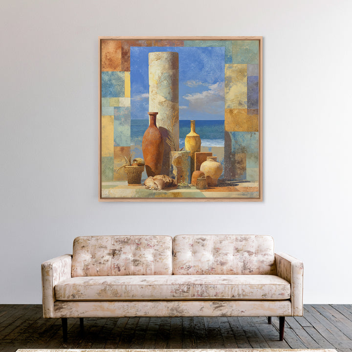Ancient Column with Sea and Sky Beyond Framed Canvas Print, Mediterranean Art, Oil Painting, Living Room Decor, Fine Art, Azure, MAR-1x1-12