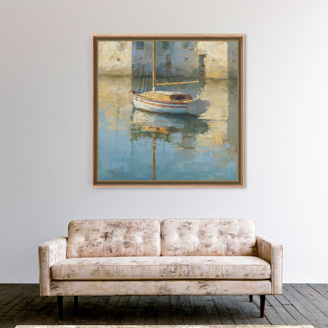 Mediterranean Sailboat on Glassy Water Canvas Print, Mediterranean Art, Watercolor Painting, Living Room Decor, Fine Art, Azure, MAR-1x1-18