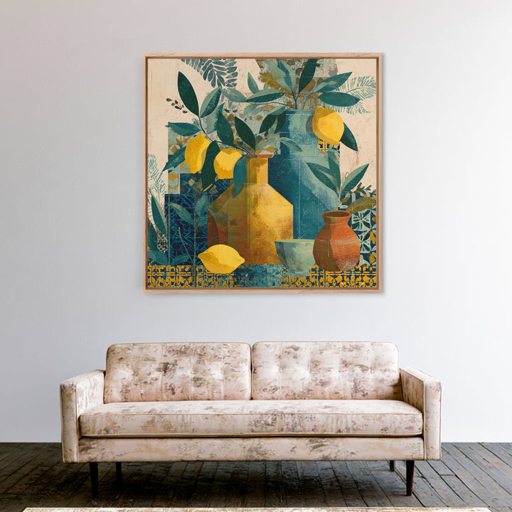 Olive Branch and Lemons on Terracotta Ground Canvas Print, Mediterranean Art, Minimalist Wall Art, Living Room Decor, Azure, MAR-1x1-26