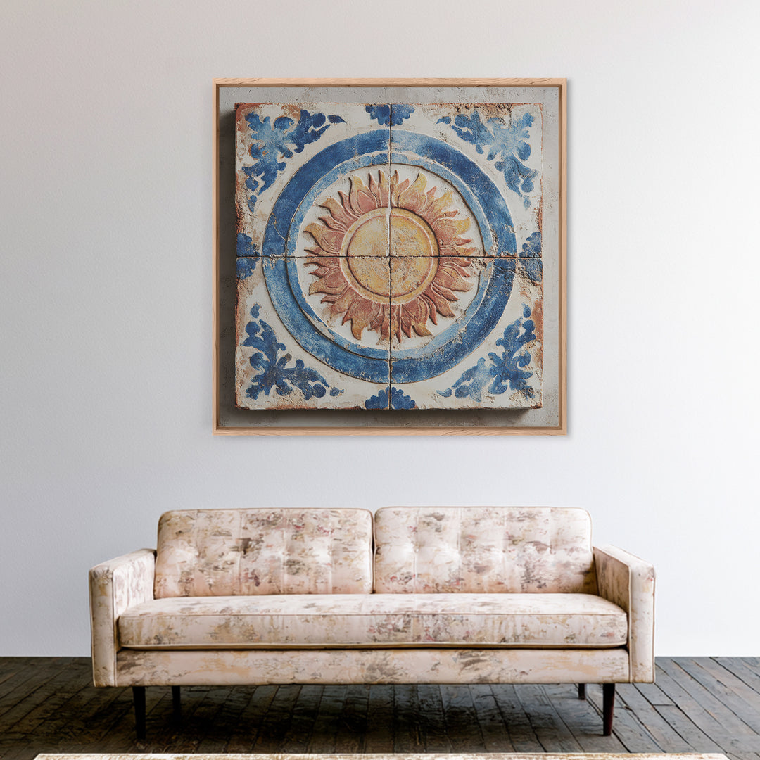 Blue and White Tile Pattern Framed Canvas Print, Mediterranean Art, Digital Print, Living Room Decor, Oil Painting, Azure, MAR-1x1-28