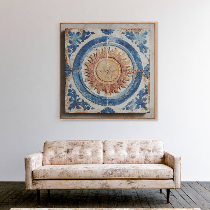Blue and White Tile Pattern Framed Canvas Print, Mediterranean Art, Digital Print, Living Room Decor, Oil Painting, Azure, MAR-1x1-28