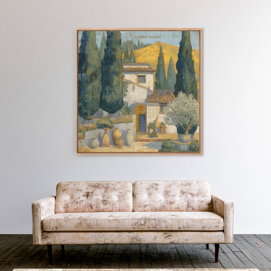Tuscan Cypress Trees and Golden Hillside Canvas Print, Mediterranean Art, Beach Wall Art, Living Room Decor, Oil Painting, MAR-1x1-30