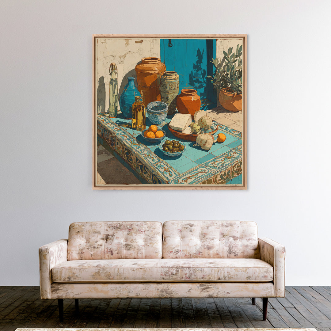 Figs Olives and Cheese Still Life Framed Canvas Print, Mediterranean Art, Gallery Decor, Living Room Decor, Fine Art, Azure, MAR-1x1-32
