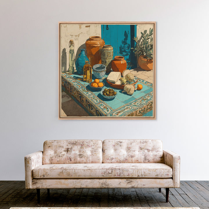 Figs Olives and Cheese Still Life Framed Canvas Print, Mediterranean Art, Gallery Decor, Living Room Decor, Fine Art, Azure, MAR-1x1-32