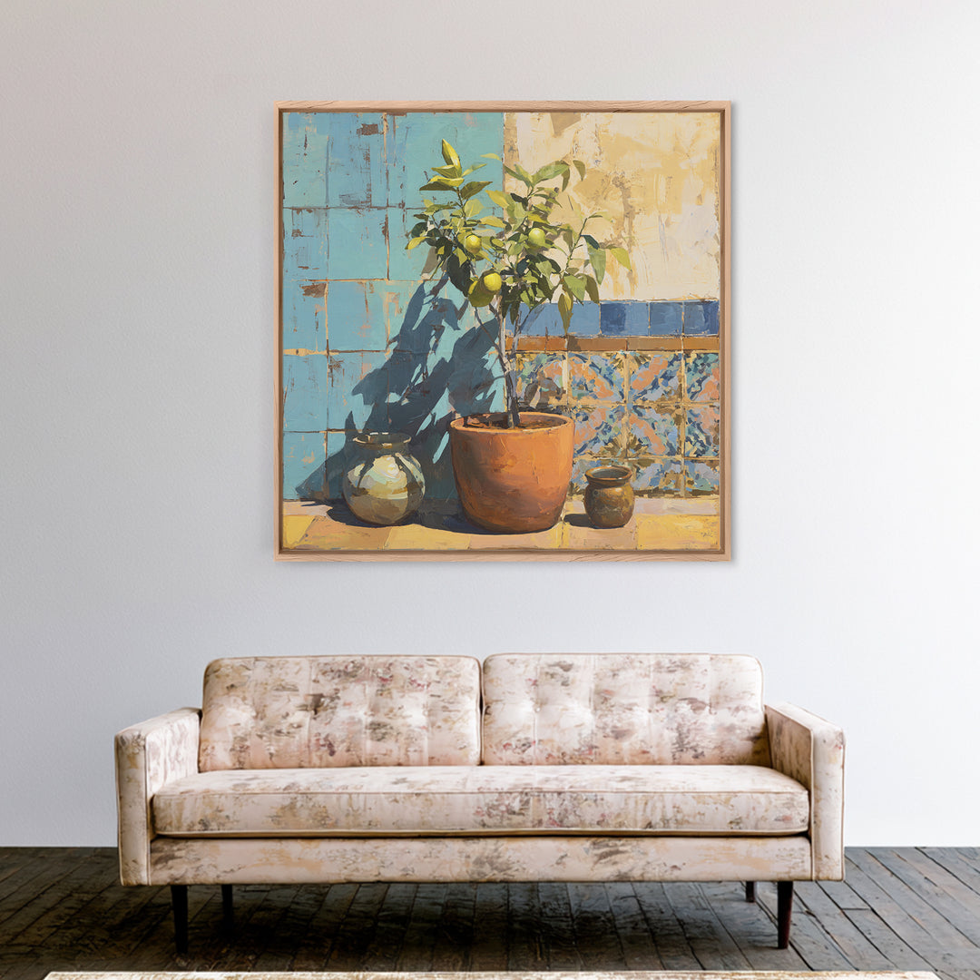 Citrus Tree in Clay Pot Framed Canvas Print, Mediterranean Art, Landscape Painting, Living Room Decor, Watercolor Art, Azure, MAR-1x1-34