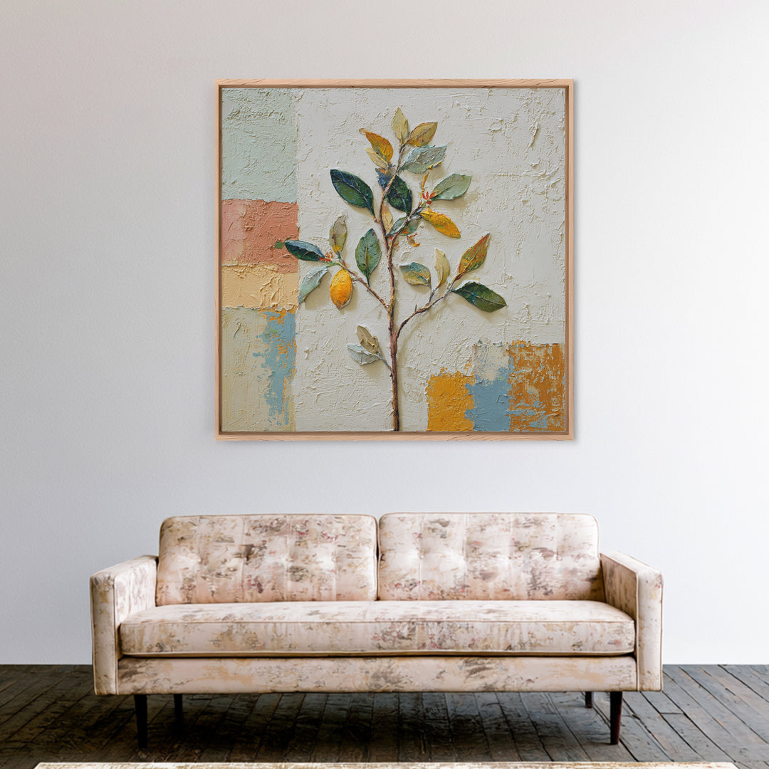 Sicilian Lemon Branch on Ivory Background Framed Canvas Print, Mediterranean Art, Gallery Wall Art, Living Room Decor, Azure, MAR-1x1-37
