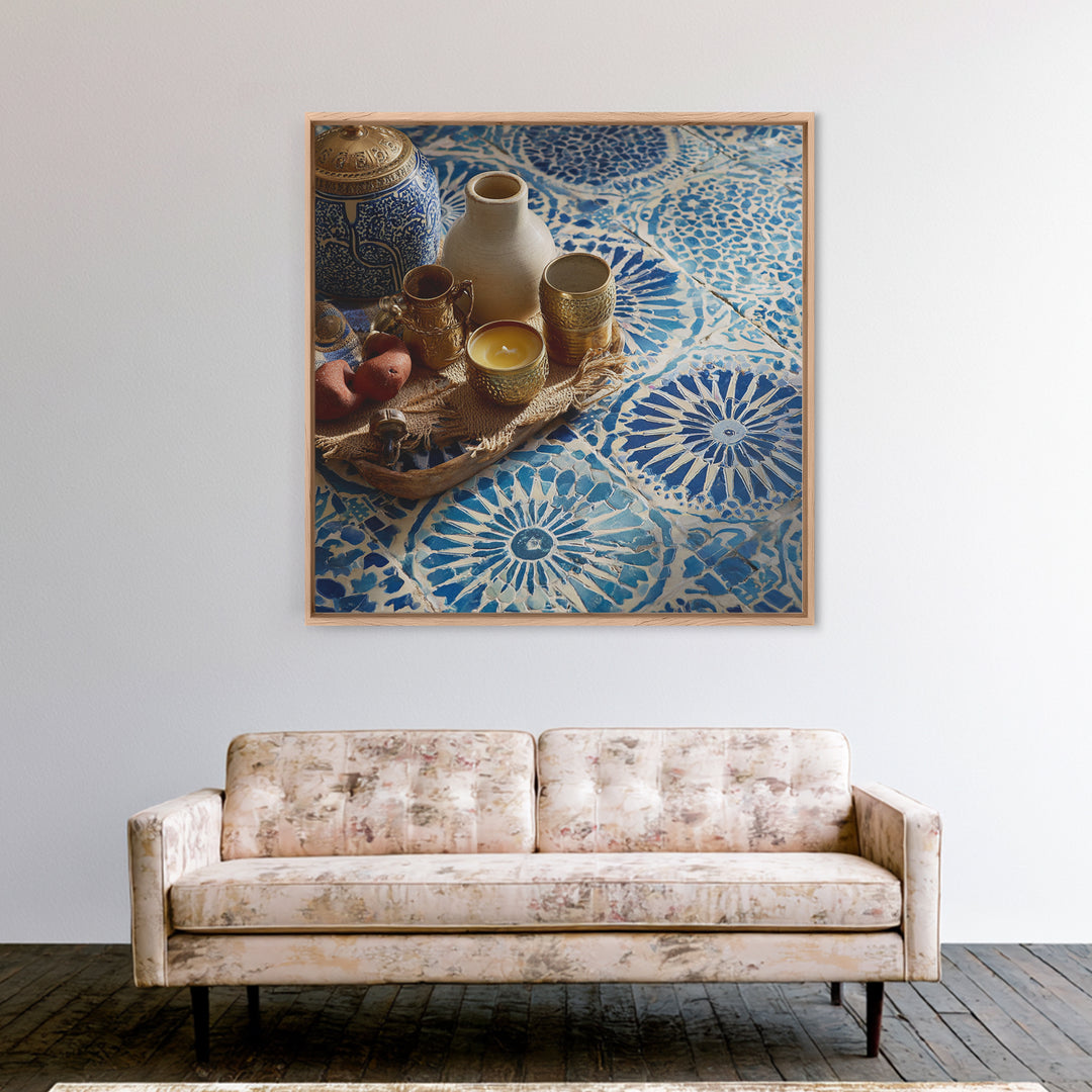 Blue and White Tile Pattern Canvas Print, Mediterranean Art, Printable Wall Art, Living Room Decor, Watercolor Art, Azure, MAR-1x1-4