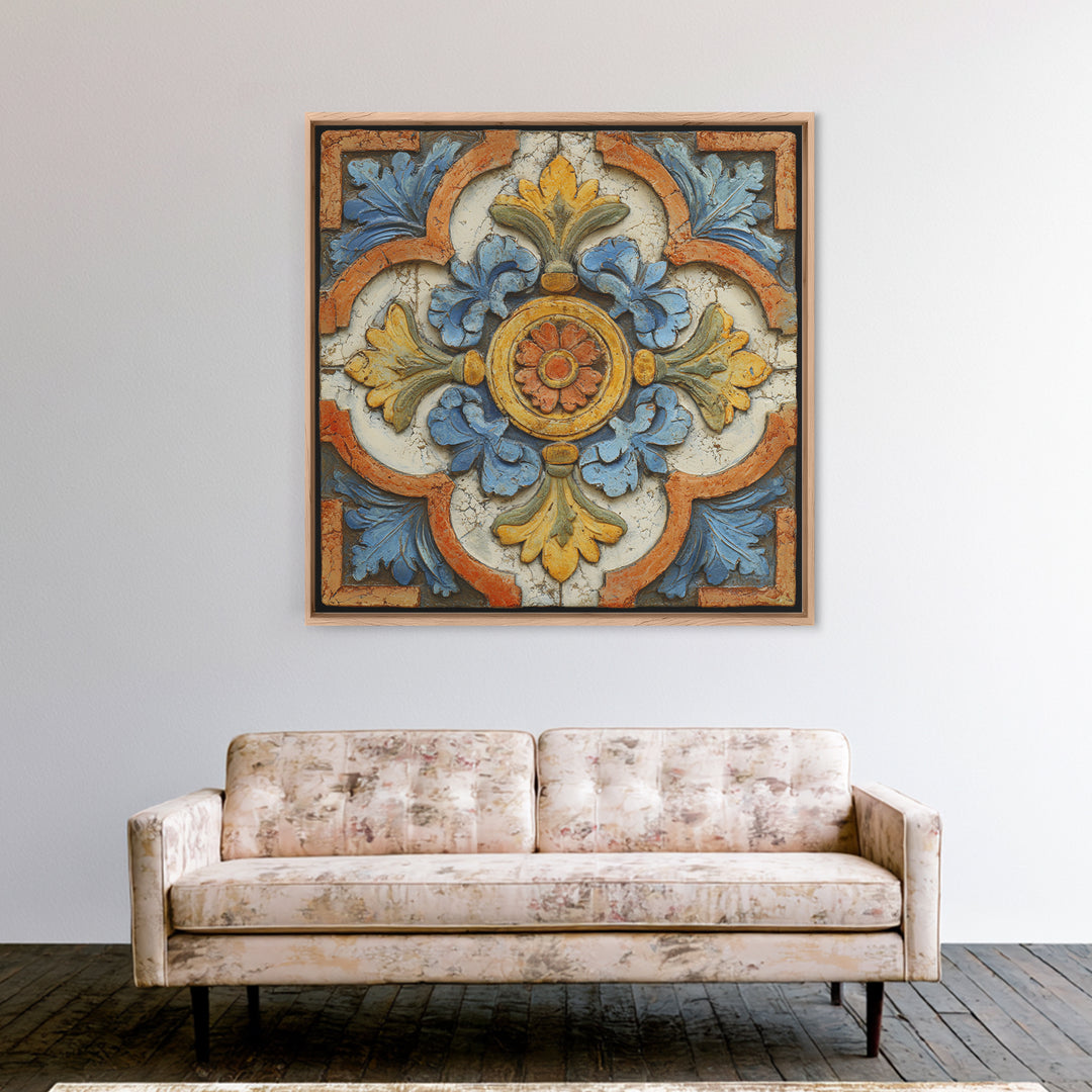 Spanish Tile Ornament Framed Canvas Print, Mediterranean Art, Luxury Decor, Living Room Decor, Fine Art, Azure, Framed Wall Art, MAR-1x1-40