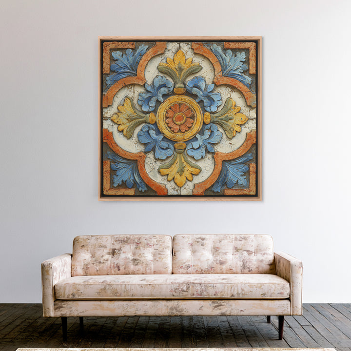 Spanish Tile Ornament Framed Canvas Print, Mediterranean Art, Luxury Decor, Living Room Decor, Fine Art, Azure, Framed Wall Art, MAR-1x1-40