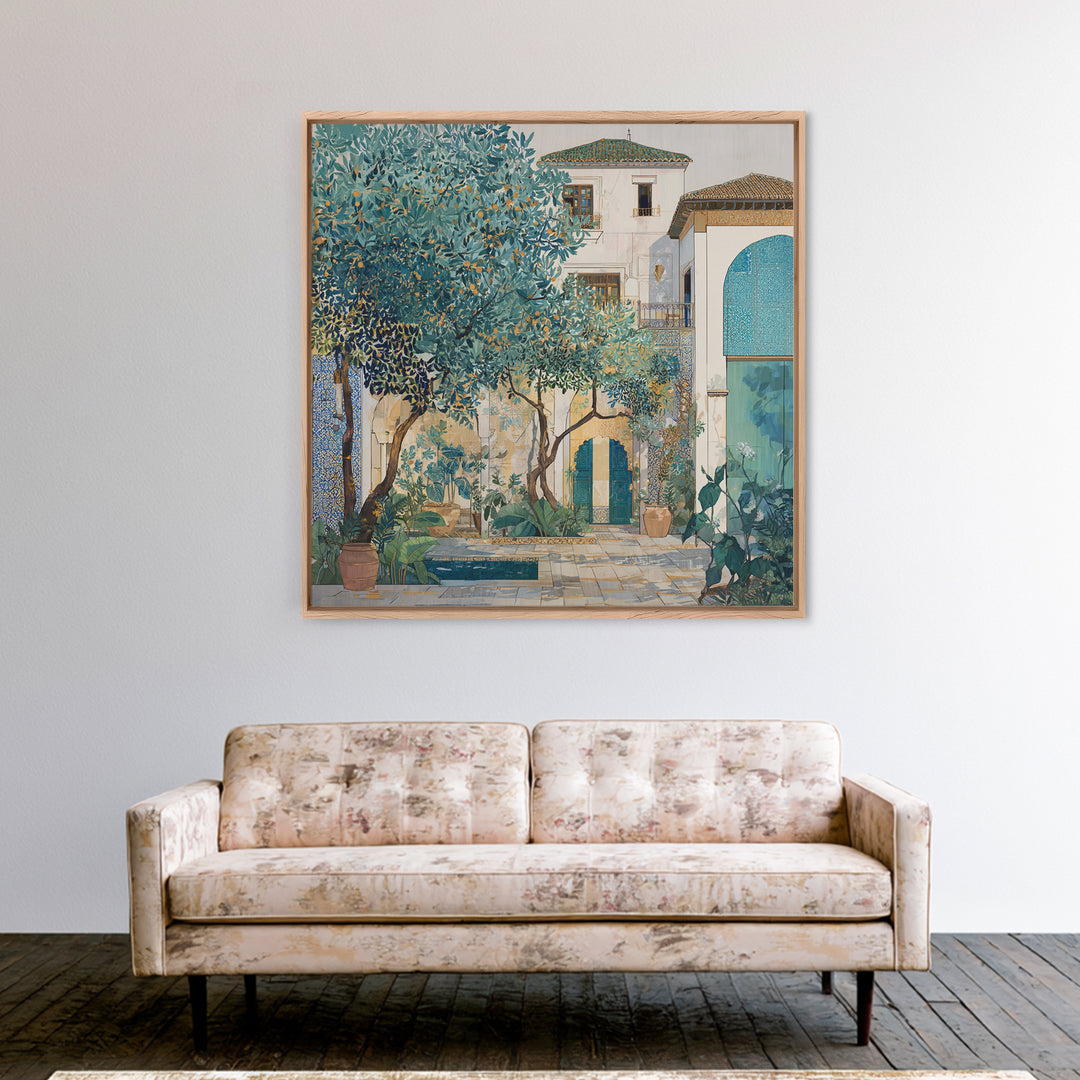 Olive Grove under Pale Morning Light Framed Canvas Print, Mediterranean Art, Landscape Wall Art, Living Room Decor, Azure, MAR-1x1-41