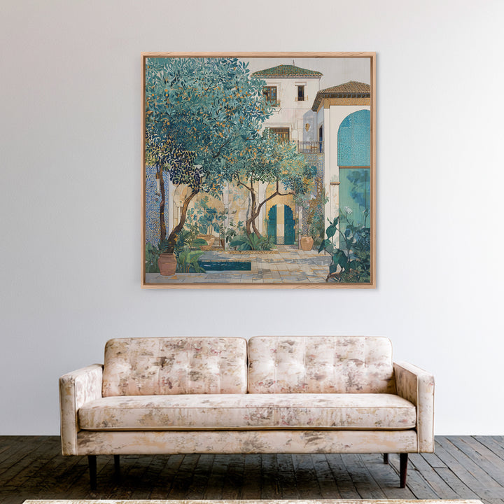 Olive Grove under Pale Morning Light Framed Canvas Print, Mediterranean Art, Landscape Wall Art, Living Room Decor, Azure, MAR-1x1-41