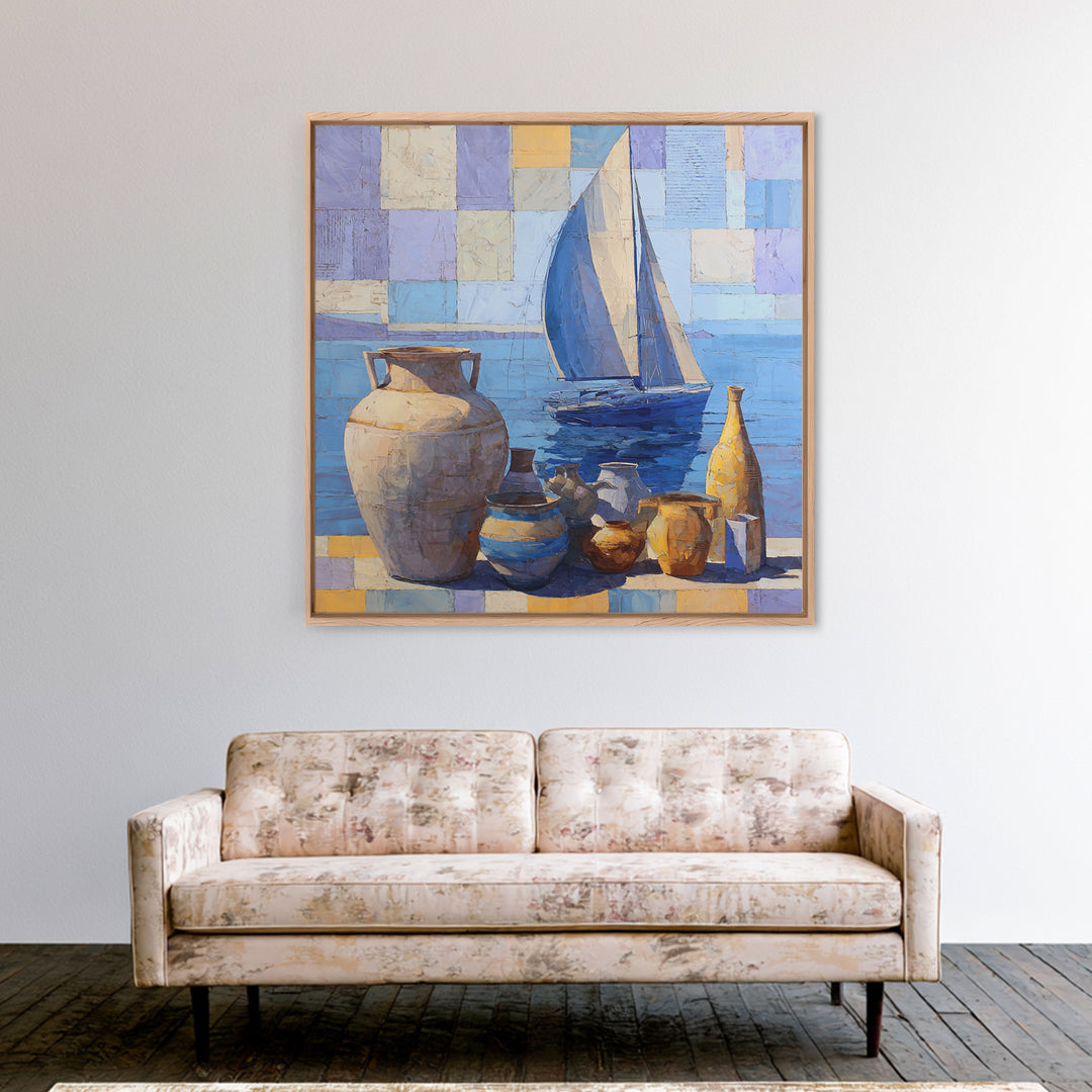 Mediterranean Sailboat on Glassy Water Framed Canvas Print, Mediterranean Art, Watercolor Art, Living Room Decor, Abstract Art, MAR-1x1-42