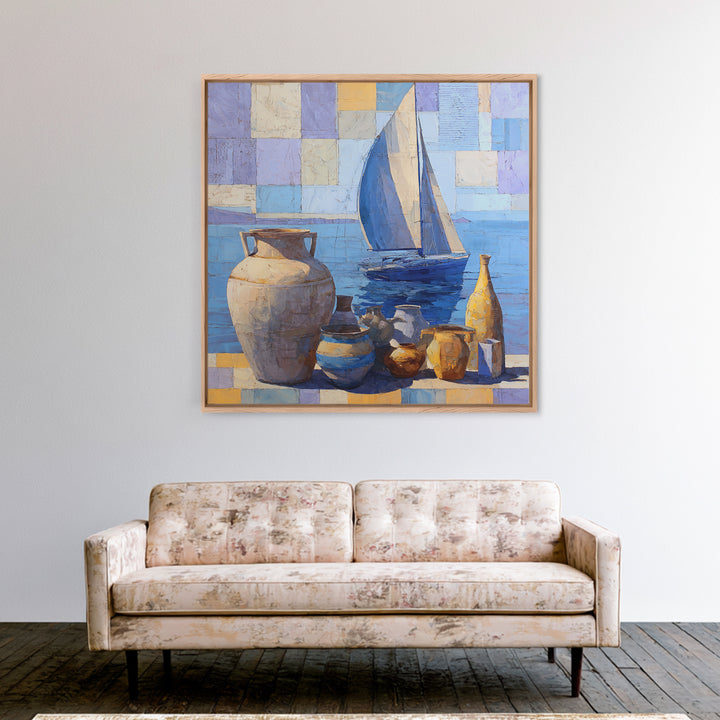 Mediterranean Sailboat on Glassy Water Framed Canvas Print, Mediterranean Art, Watercolor Art, Living Room Decor, Abstract Art, MAR-1x1-42