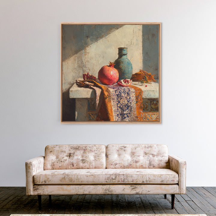 Pomegranate Still Life Framed Canvas Print, Mediterranean Art, Digital Art Prints, Living Room Decor, Oil Painting, Azure, MAR-1x1-43