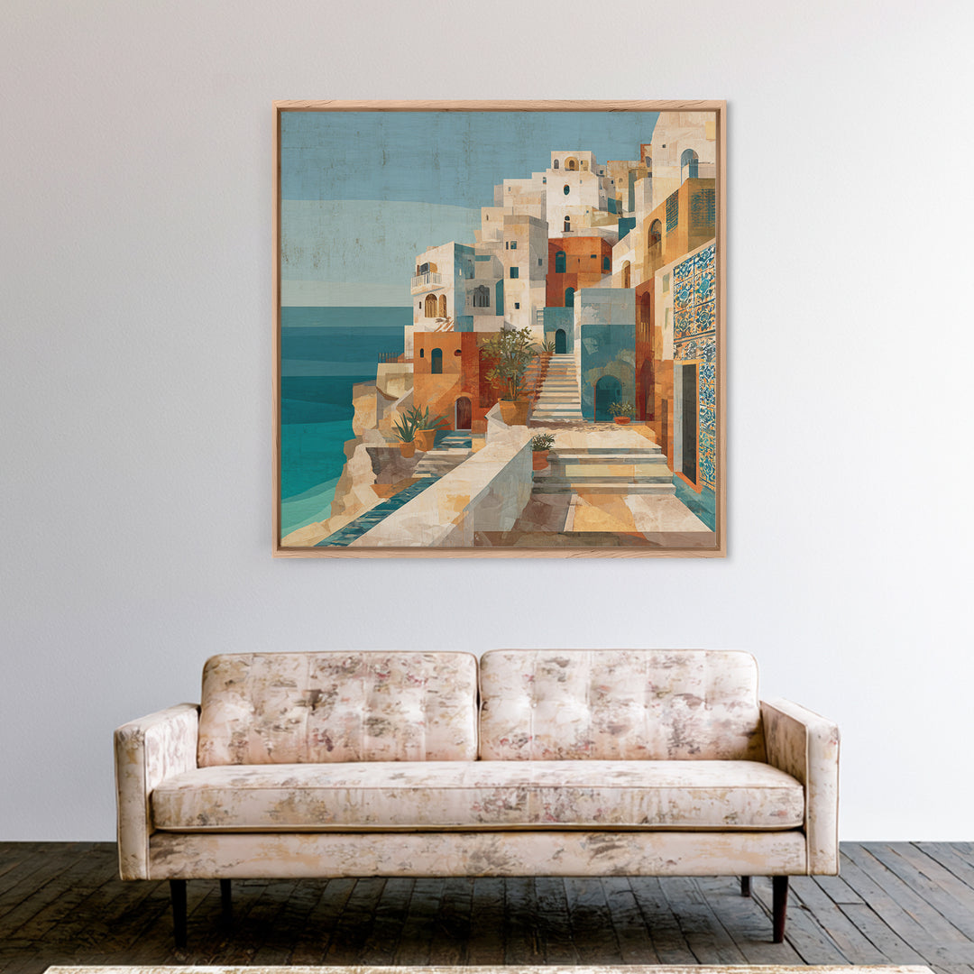 Coastal Cliffs with Sparkling Blue Water Framed Canvas Print, Mediterranean Art, Horizontal Wall Art, Living Room Decor, Azure, MAR-1x1-44
