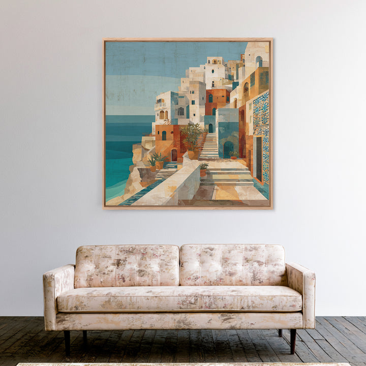 Coastal Cliffs with Sparkling Blue Water Framed Canvas Print, Mediterranean Art, Horizontal Wall Art, Living Room Decor, Azure, MAR-1x1-44