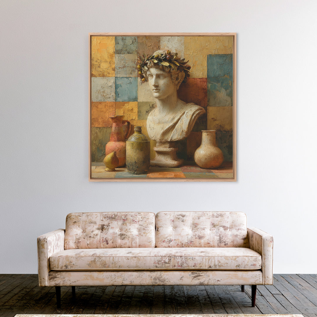 Roman Statue Bust Framed Canvas Print, Mediterranean Art, Coastal Decor, Living Room Decor, Fine Art, Azure, Wall Decor, MAR-1x1-46
