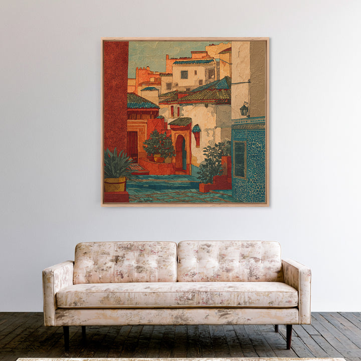 Sunset over Red Tiled Rooftops Framed Canvas Print, Mediterranean Art, Watercolor Painting, Living Room Decor, Fine Art, Azure, MAR-1x1-47