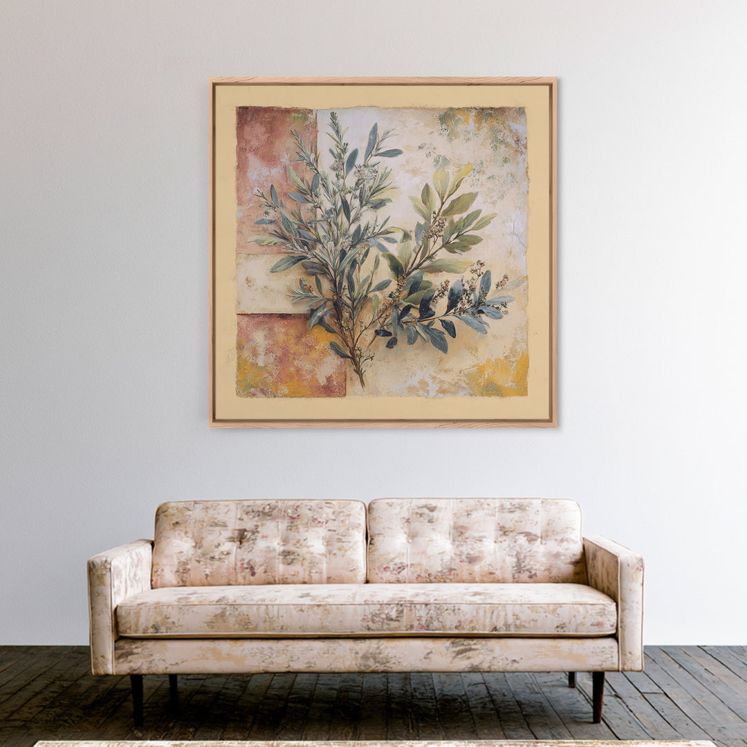 Wild Herbs Rosemary and Thyme Botanical Study Canvas Print, Mediterranean Art, Printable Wall Art, Living Room Decor, Azure, MAR-1x1-48