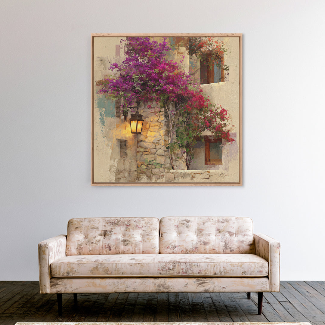 Bougainvillea Cascading over Stone Wall Canvas Print, Mediterranean Art, Landscape Painting, Living Room Decor, Fine Art, Azure, MAR-1x1-5