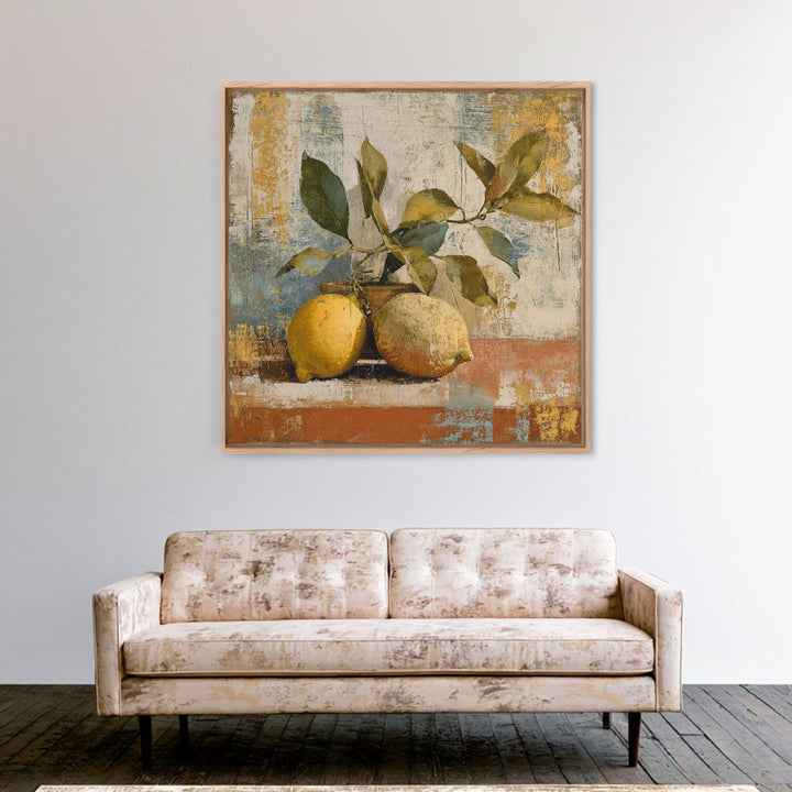 Olive Branch and Lemons on Terracotta Ground Canvas Print, Mediterranean Art, Minimalist Wall Art, Living Room Decor, Azure, MAR-1x1-50