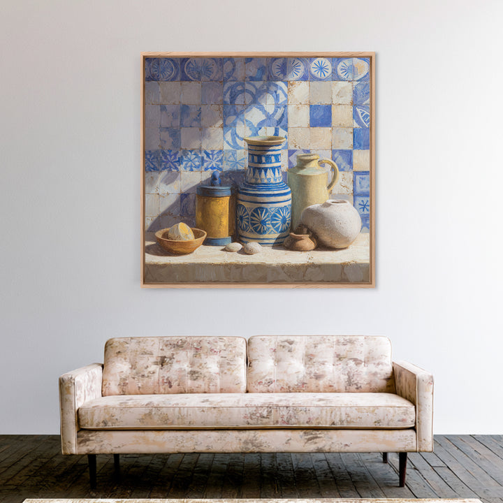 Blue and White Tile Pattern Framed Canvas Print, Mediterranean Art, Watercolor Art, Living Room Decor, Fine Art, Azure, MAR-1x1-52