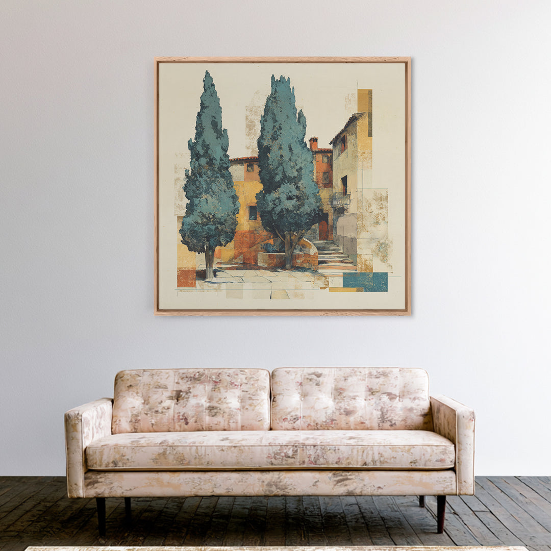 Tuscan Cypress Trees and Golden Hillside Canvas Print, Mediterranean Art, Beach Wall Art, Living Room Decor, Oil Painting, MAR-1x1-54