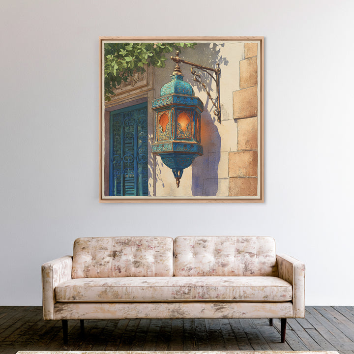 Moroccan Influenced Lantern Framed Canvas Print, Mediterranean Art, Living Room Art, Living Room Decor, Abstract Art, Azure, MAR-1x1-57