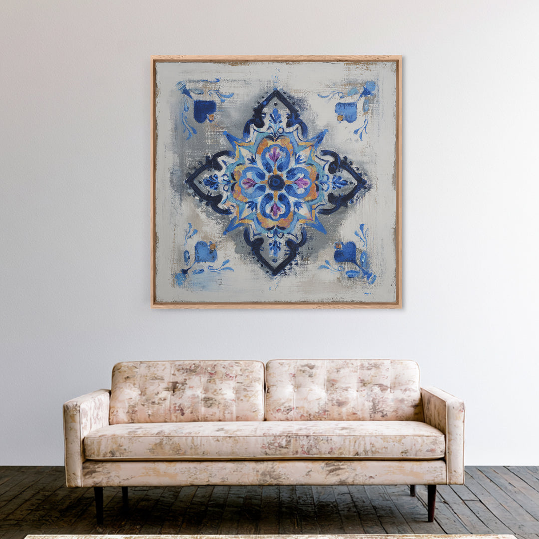 Citrus Tree in Clay Pot Framed Canvas Print, Mediterranean Art, Landscape Painting, Living Room Decor, Watercolor Art, Azure, MAR-1x1-58
