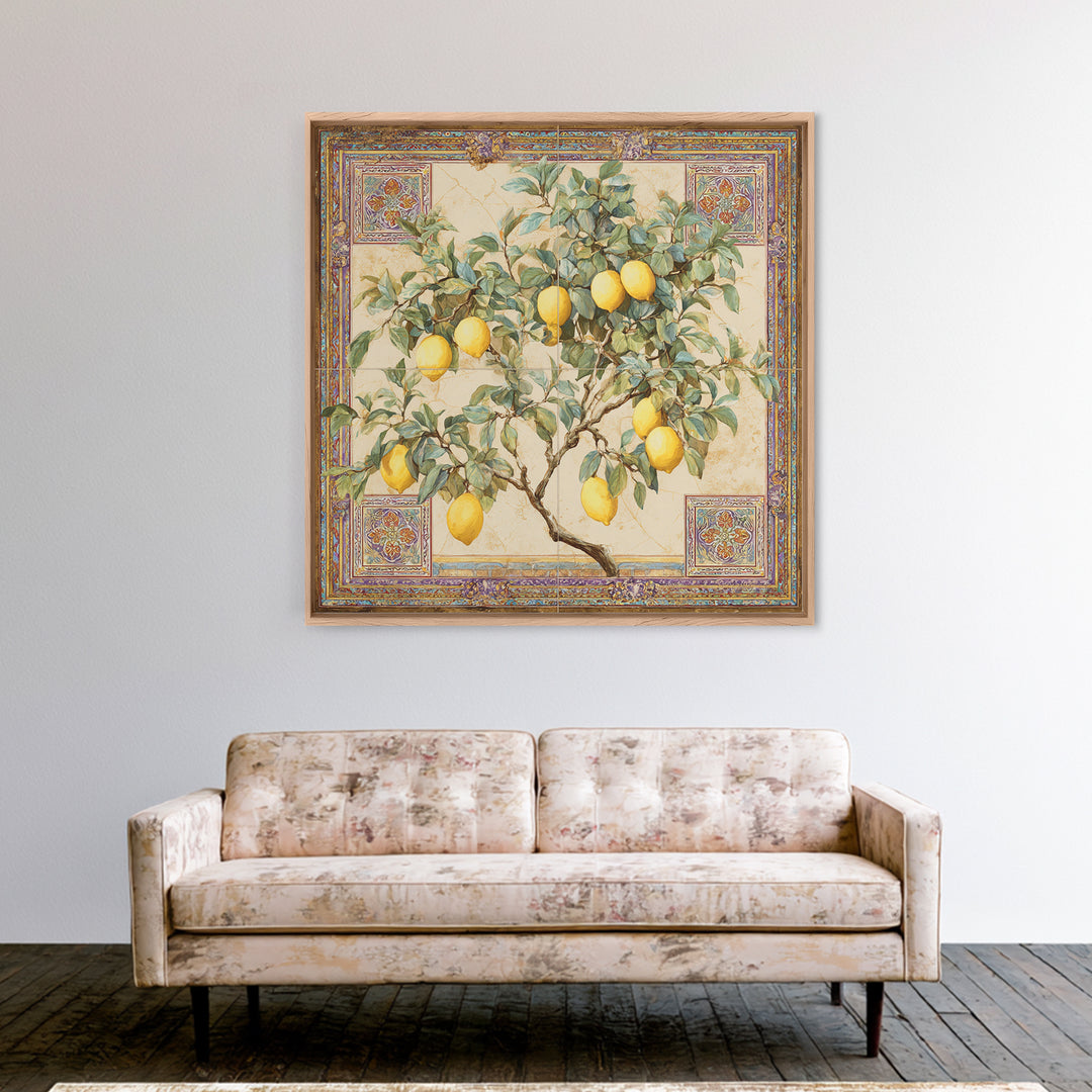 Sicilian Lemon Branch on Ivory Background Framed Canvas Print, Mediterranean Art, Gallery Wall Art, Living Room Decor, Azure, MAR-1x1-61