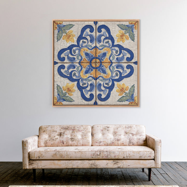 Spanish Tile Ornament Framed Canvas Print, Mediterranean Art, Coastal Wall Art, Living Room Decor, Azure, Living Room Art, MAR-1x1-64