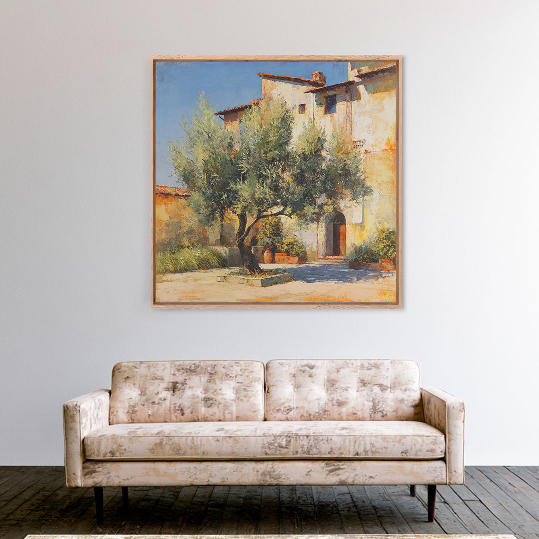Olive Grove under Pale Morning Light Framed Canvas Print, Mediterranean Art, Landscape Wall Art, Living Room Decor, Azure, MAR-1x1-65
