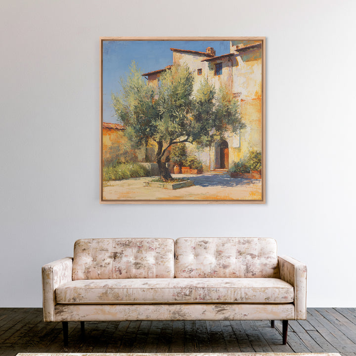 Olive Grove under Pale Morning Light Framed Canvas Print, Mediterranean Art, Landscape Wall Art, Living Room Decor, Azure, MAR-1x1-65