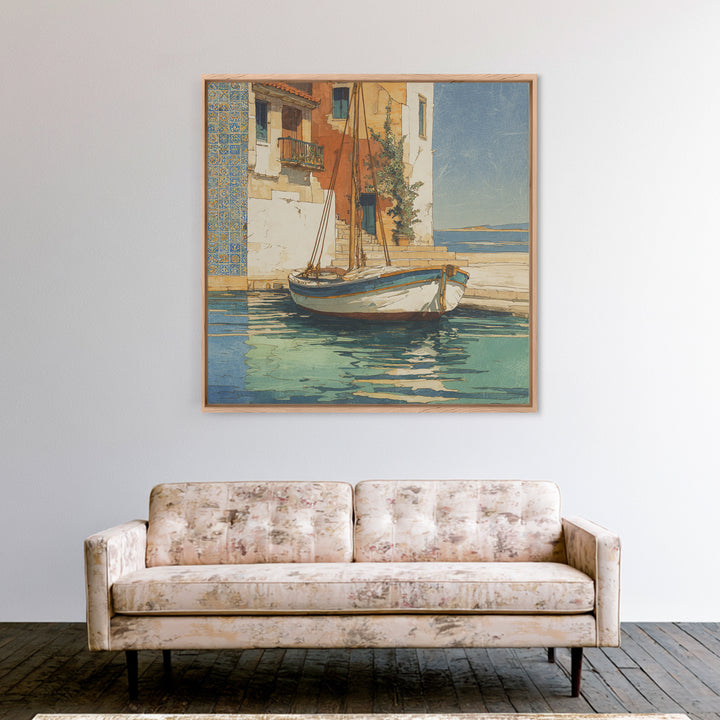 Mediterranean Sailboat on Glassy Water Framed Canvas Print, Mediterranean Art, Watercolor Art, Living Room Decor, Abstract Art, MAR-1x1-66