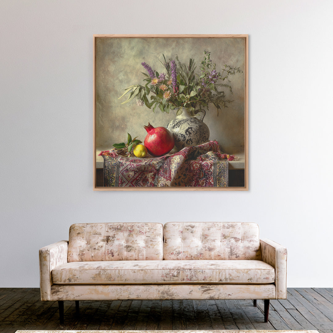 Pomegranate Still Life Framed Canvas Print, Mediterranean Art, Living Room Art, Living Room Decor, Fine Art, Azure, MAR-1x1-67