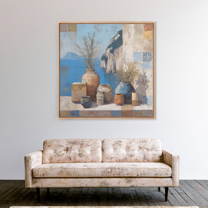 Coastal Cliffs with Sparkling Blue Water Framed Canvas Print, Mediterranean Art, Landscape Painting, Living Room Decor, Azure, MAR-1x1-68