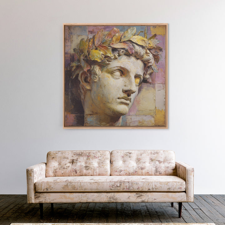 Roman Statue Bust Framed Canvas Print, Mediterranean Art, Coastal Decor, Living Room Decor, Fine Art, Azure, Wall Decor, MAR-1x1-70